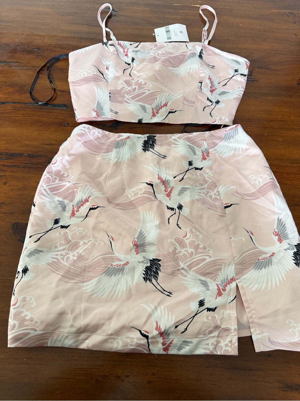 Forever 21 Pink Crane Print Satin Mini Skirt and Top